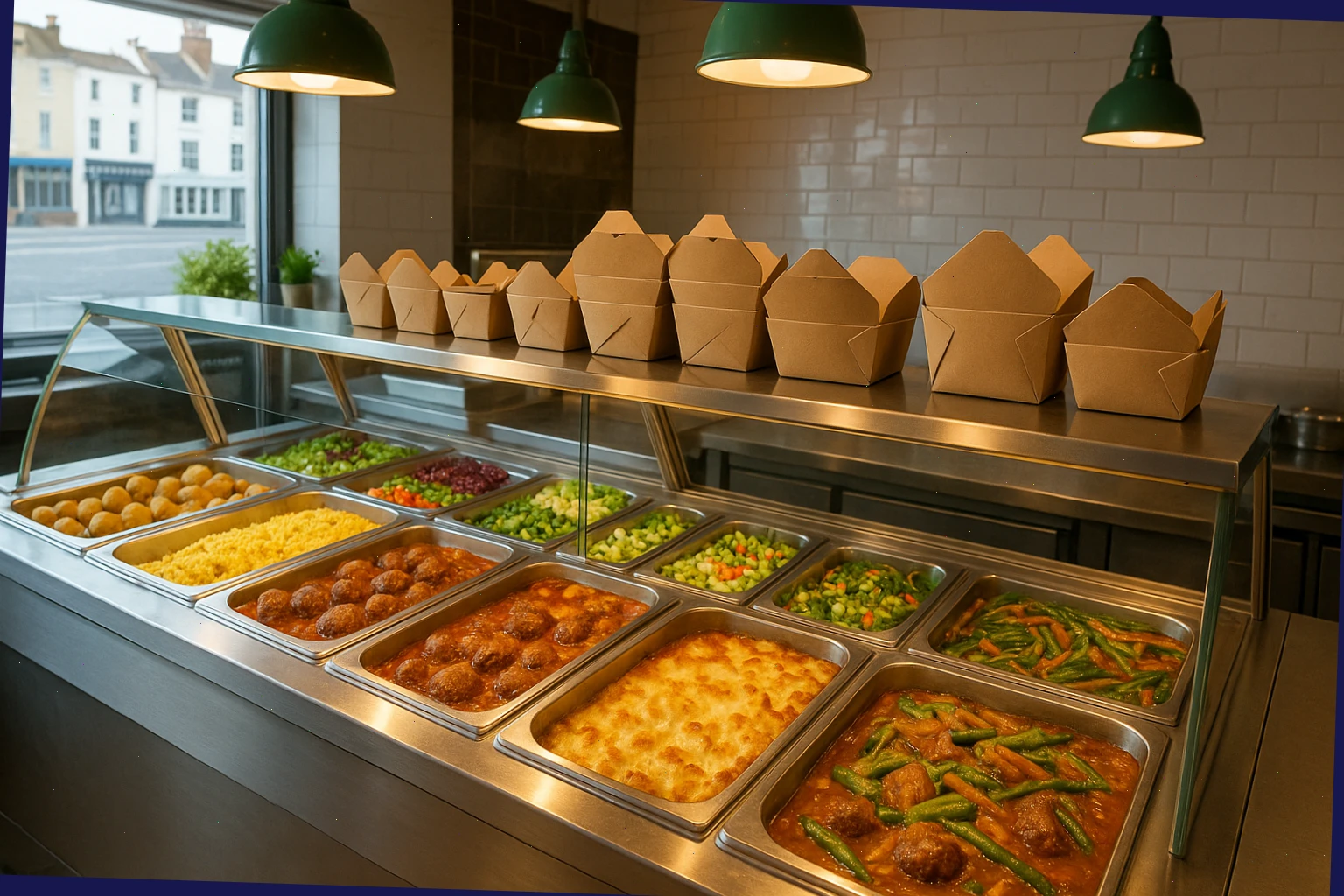 Brighton counter service with hot trays, salad bar and takeaway boxes ready