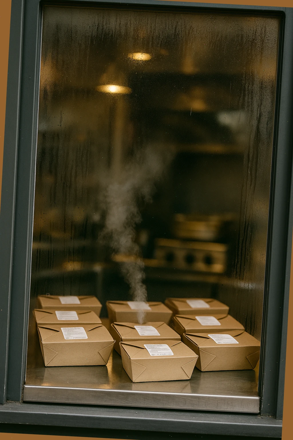 Counter window with steam on the glass and boxed orders waiting