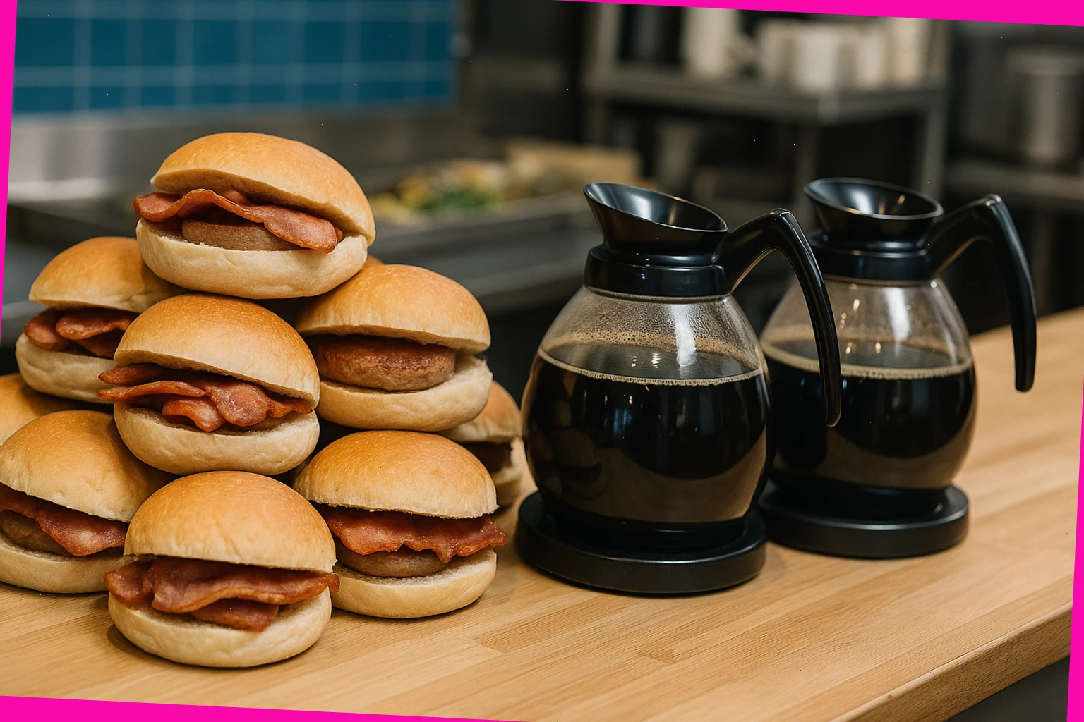 Takeaway breakfast rolls stacked beside filter coffee jugs
