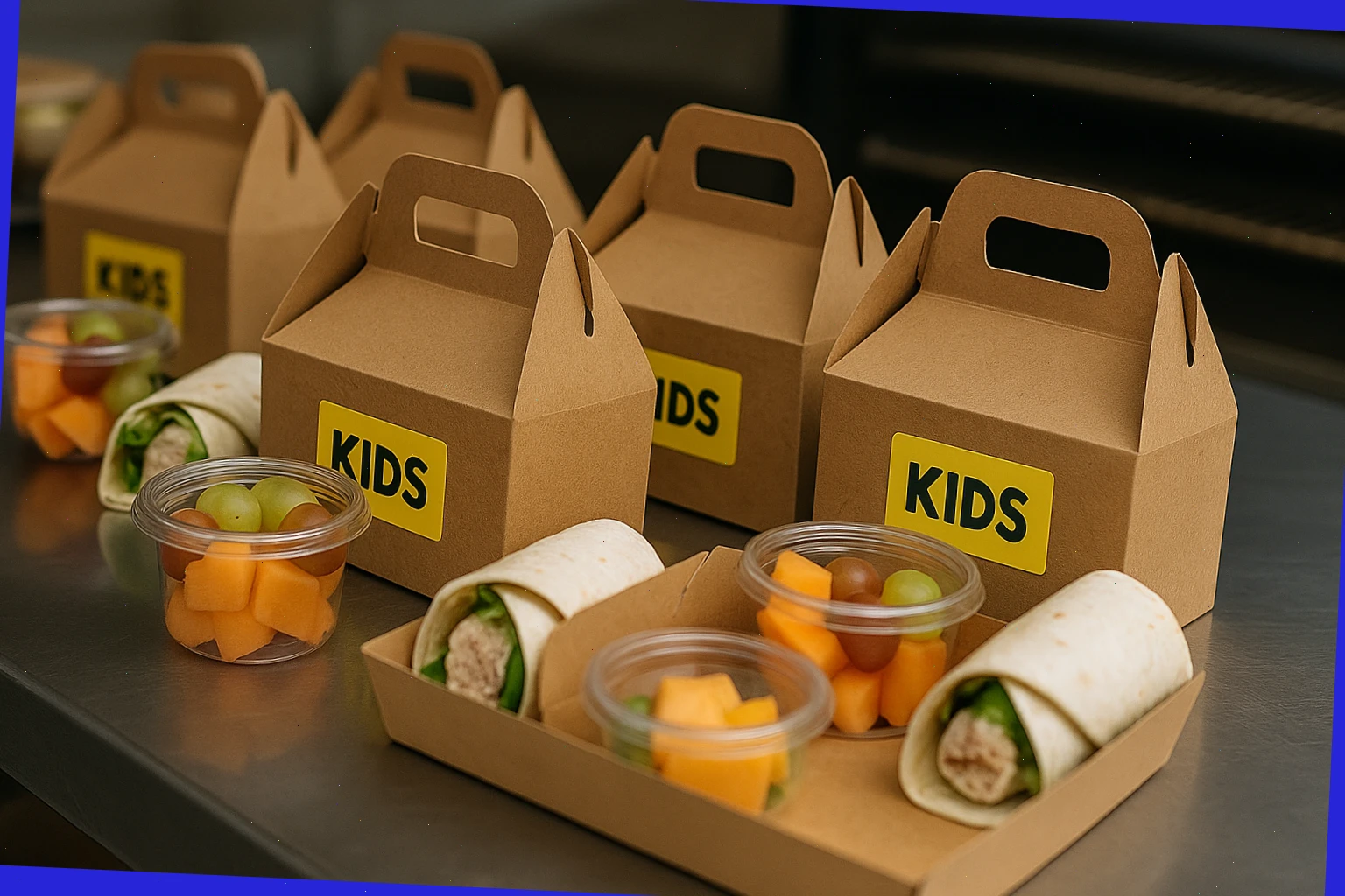 Child-sized snack boxes with fruit cups and small wraps