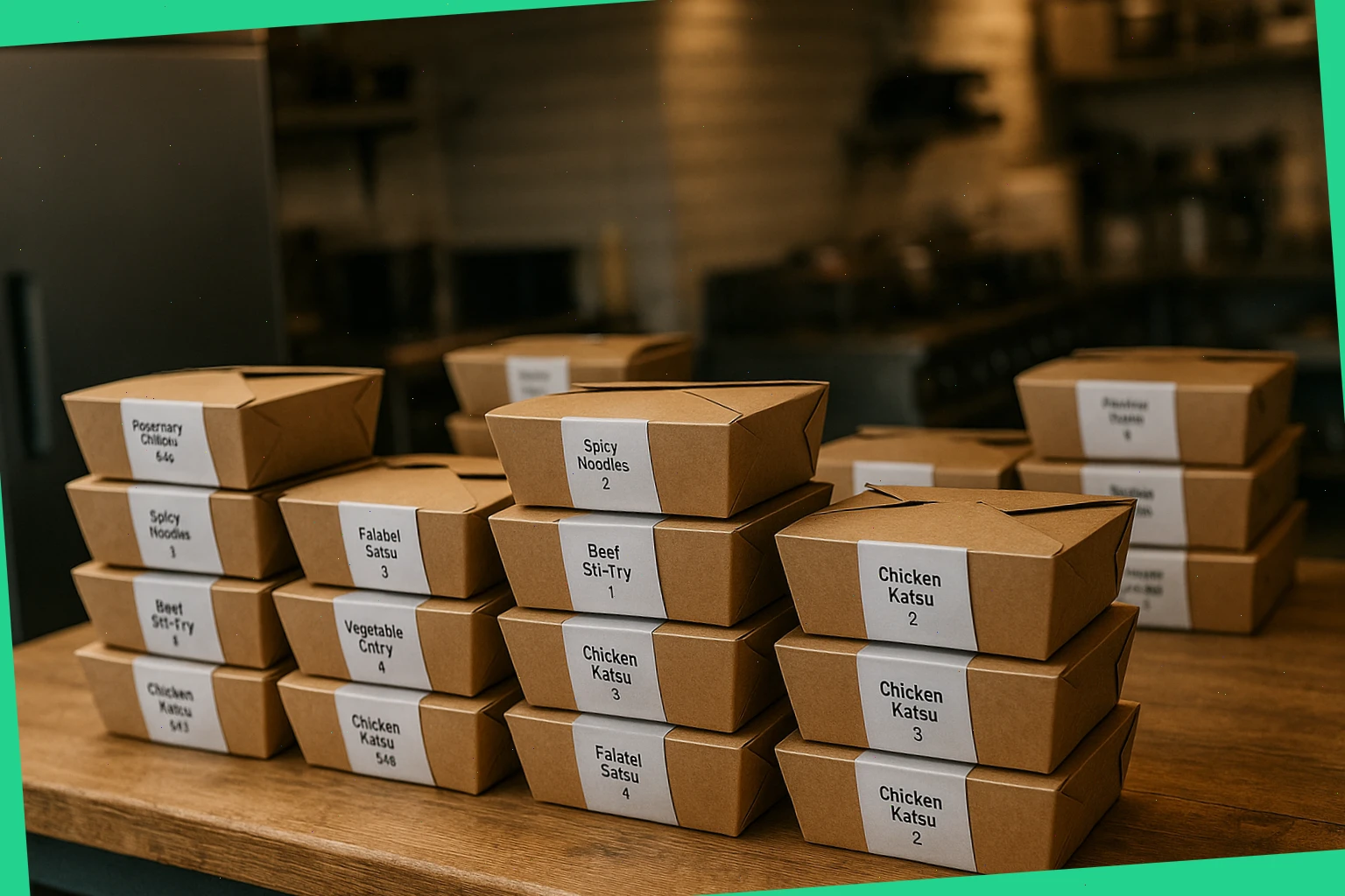 Stacked labeled meal boxes ready for a short delivery run