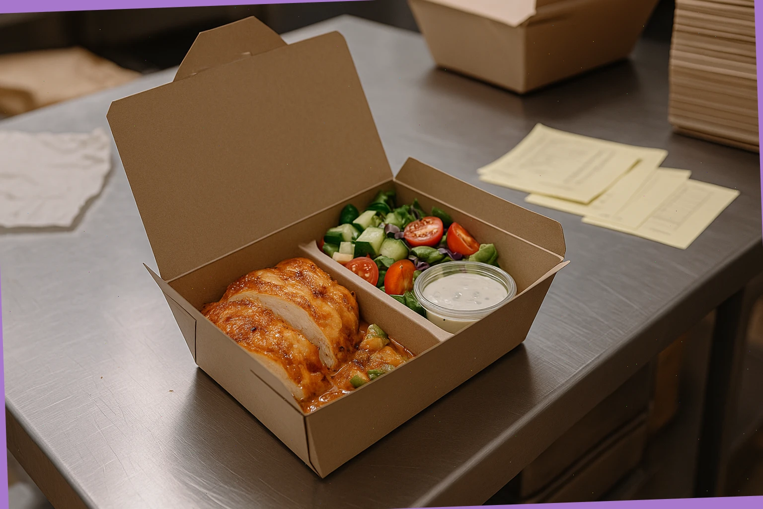 Box with hot main, salad side and dip cup on a packing bench